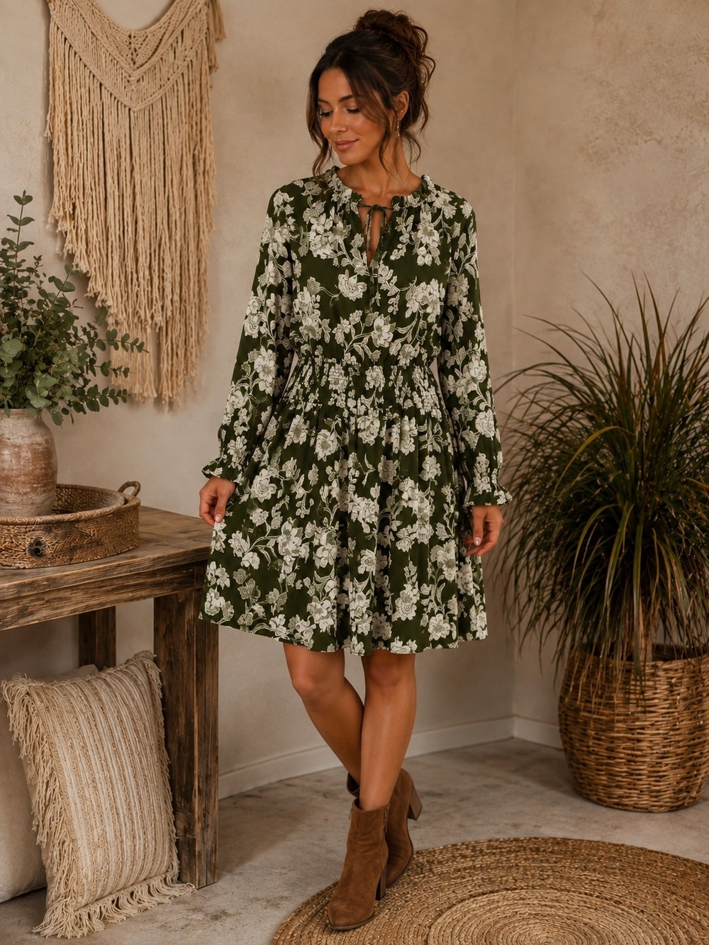 Sugarlips Olive Green Floral Tie-Neck Mini Dress